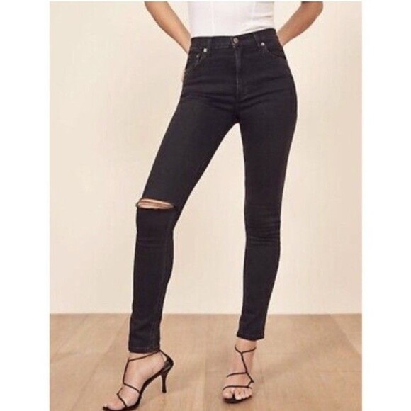 Reformation High And Skinny Faded Black Destroyed Organic Cotton Modal Sz 28 - Picture 3 of 10
